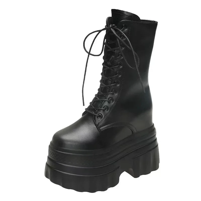 

Новинка 2023 года, осенние ботильоны 14 см, женские мотоциклетные ботинки на высокой платформе, зимние массивные кроссовки на шнуровке, удобные кожаные ботинки