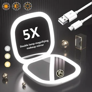 led3 times 5 times makeup mirror double-sided with light three-color luminous USB charging portable folding handheld gift
