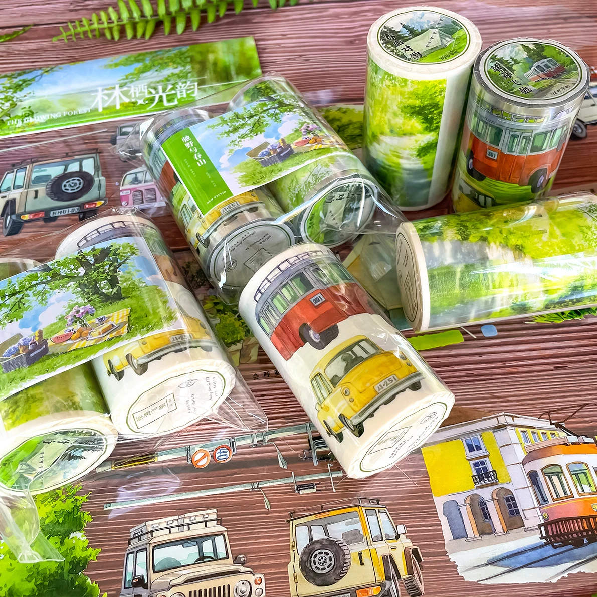 70mm*510cm Vintage Tree Plant Picnic Car Landscape PET Tape Creative DIY Journal Material Collage Scrapbook Stationery