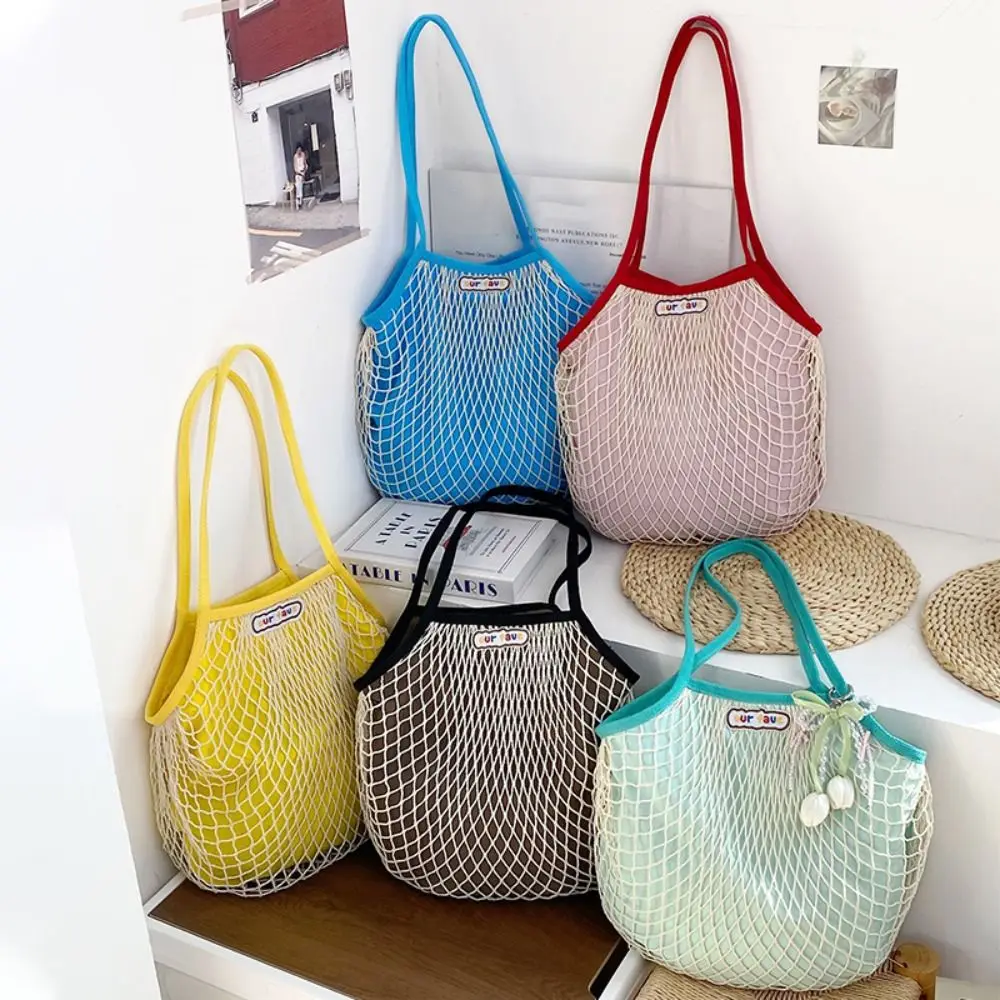 Trendy Summer Woven Shoulder Bag Fashion Large Capacity Nylon Mesh Tote Bag Handbag Simple Hollow Out Weave Bag Shopping Bag