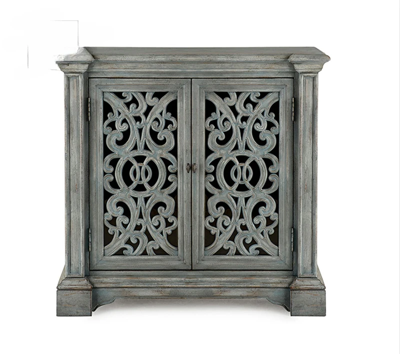 Customized American style rural retro solid wood carved storage cabinet, washed blue, used foyer, porch cabinet,