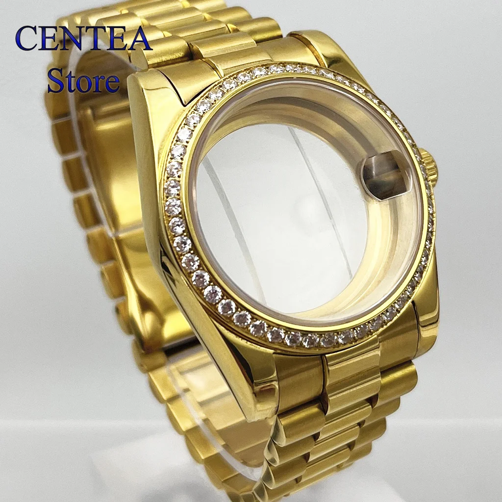 RICHUS-caja de reloj dorada, cristal de zafiro, tipo diamante, compatible con NH35, NH36, ETA2824, Miyota8215, movimiento automático, 36/39mm