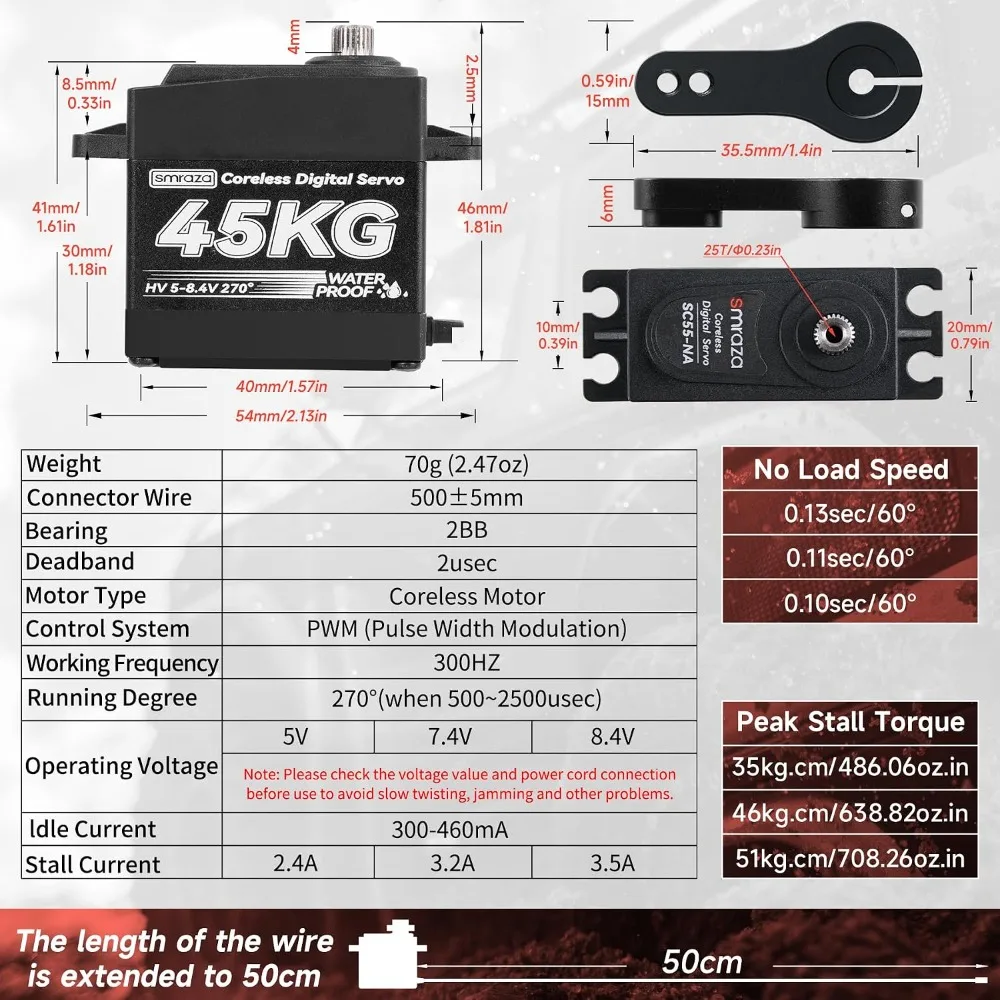 High Torque 45KG Servo Motor for RC Car Truck Crawler Robot Boat, 8.4V Coreless Waterproof Digital Servo with Full Metal Gear and 25T Horn (270°) - view 5