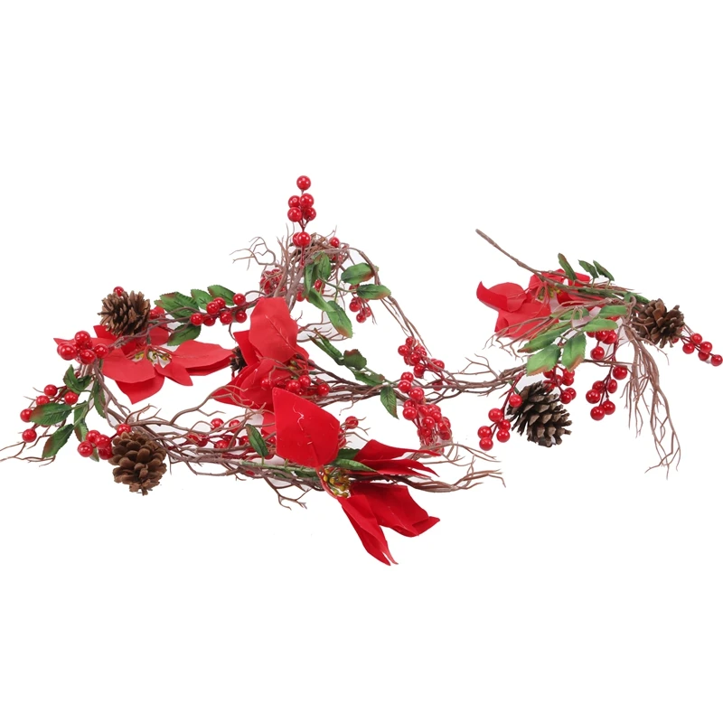 6.3FT Red Berry Christmas Garland, Artificial Poinsettia Garland,Christmas Berry Garland With Pine Cones