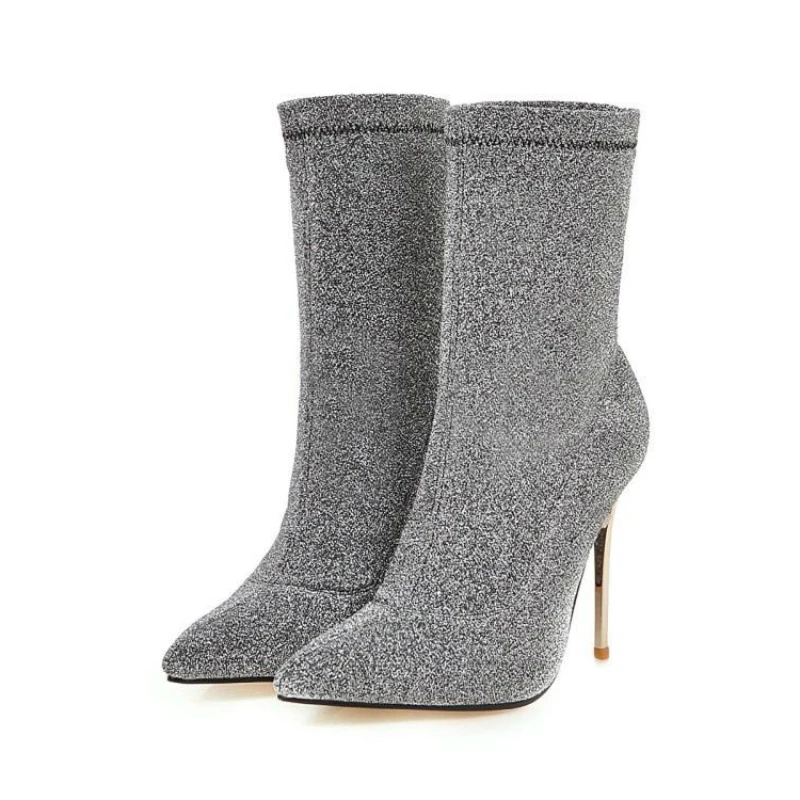 Sexy Sock Boot Female Stretch Slim Ankle Boots For Women High Heels Fashion Leopard Silver Party Shoes Spring Autumn Big Size 48