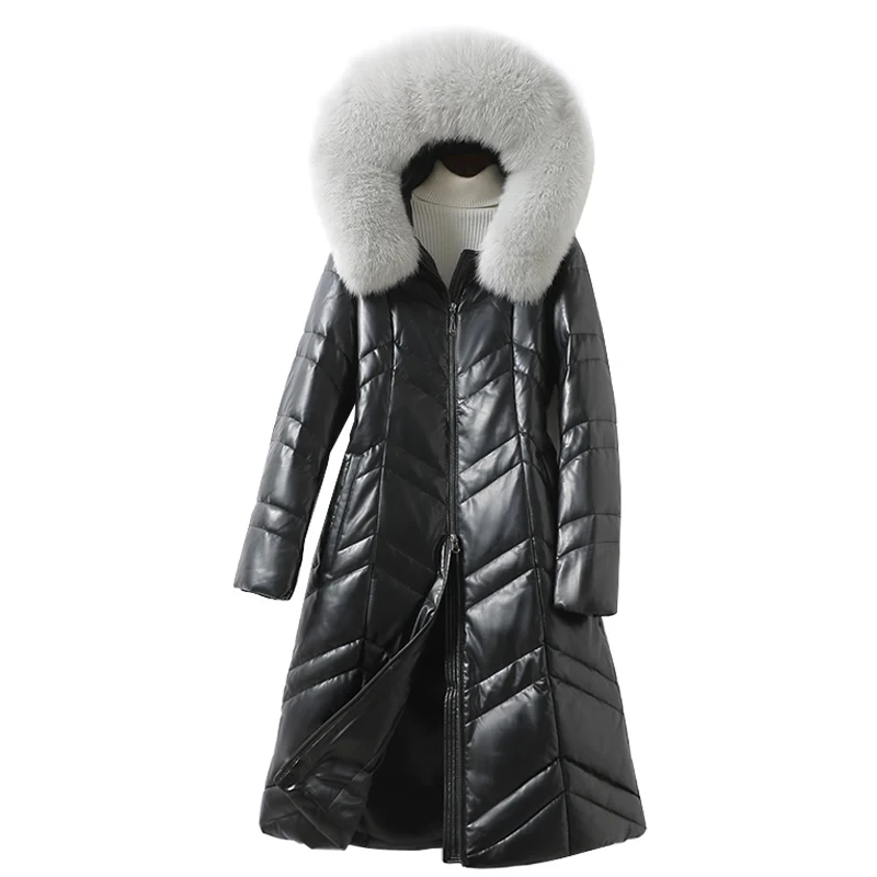 

90% White Duck Down Filling Women Genuine Leather Coats 2023 Winter Warm Real Fox Fur Collar Ladies Long Slim Sheepskin Outwear