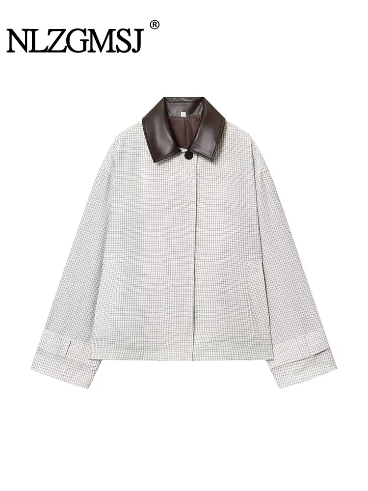 

NLZGMSJ Women 2025 Autumn Grid Leather Collar Trench Coat Fashion Windbreaker Female Tops Outerwear Women Basic Coats