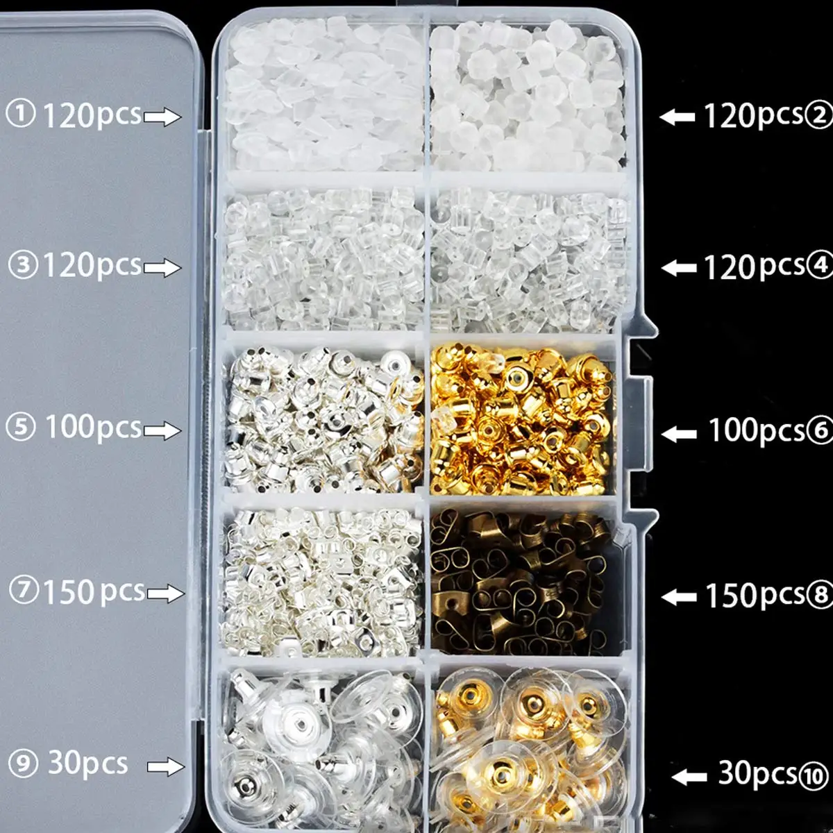 

30-150pcs/Box Ear Plug Multiple Styles Rubber Alloy Earring Back Silicone Round Ear Plug Blocked Jewelry DIY Findings