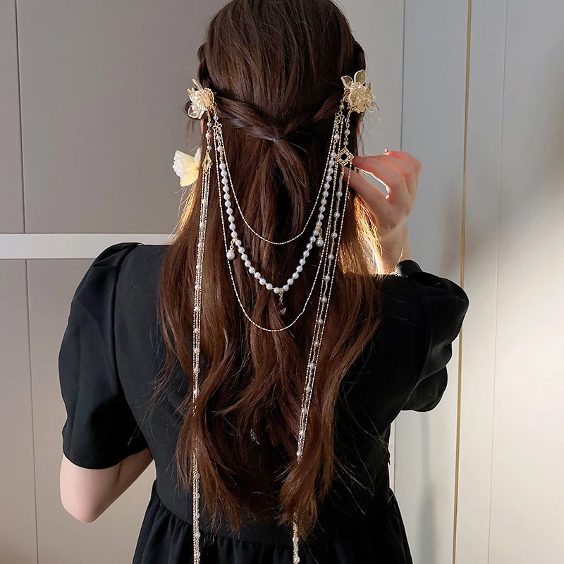 Fashion Peal Rhinestone Flower Long Tassel Hairpin Creative Wedding Hair Clip Hair Accessories