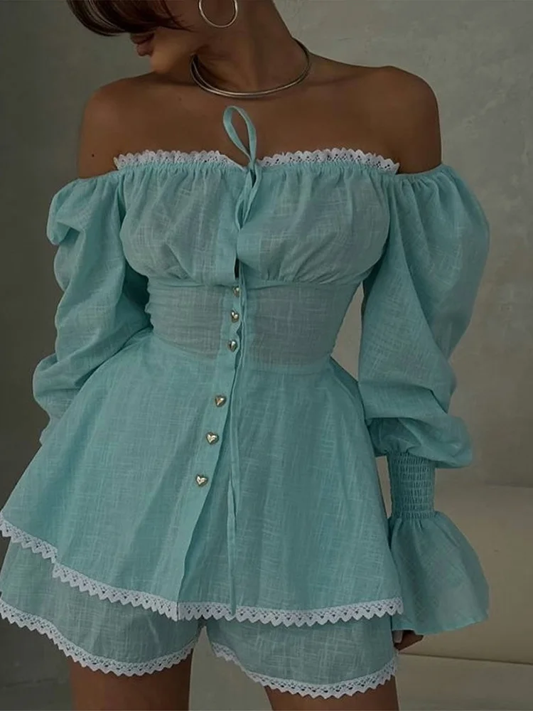 Set Wanita Kemeja Bahu Terbuka Tali Renda Celana Pendek Atasan Blus Kemeja Cinched Pinggang Berenda Lengan Panjang Menyala Setelan Celana Pendek Kaki Lebar