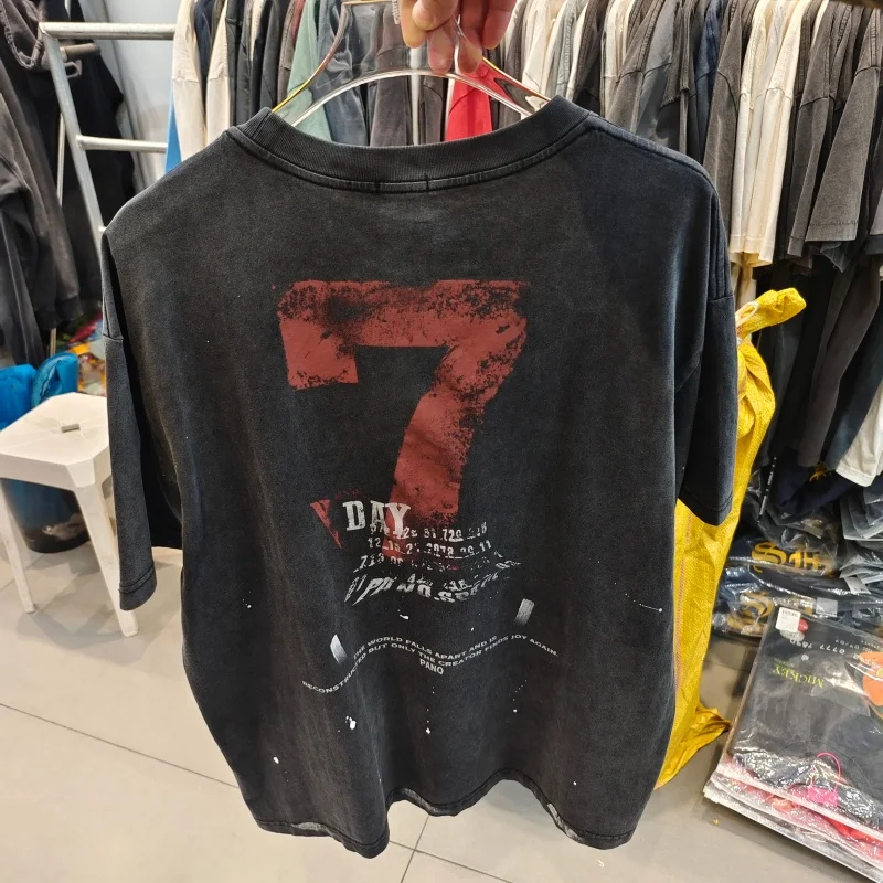 

Oversized 7 Days Print T-shirt Men Women Retro Washed Distressed Short Sleeve High Street Gothic Casual Tees