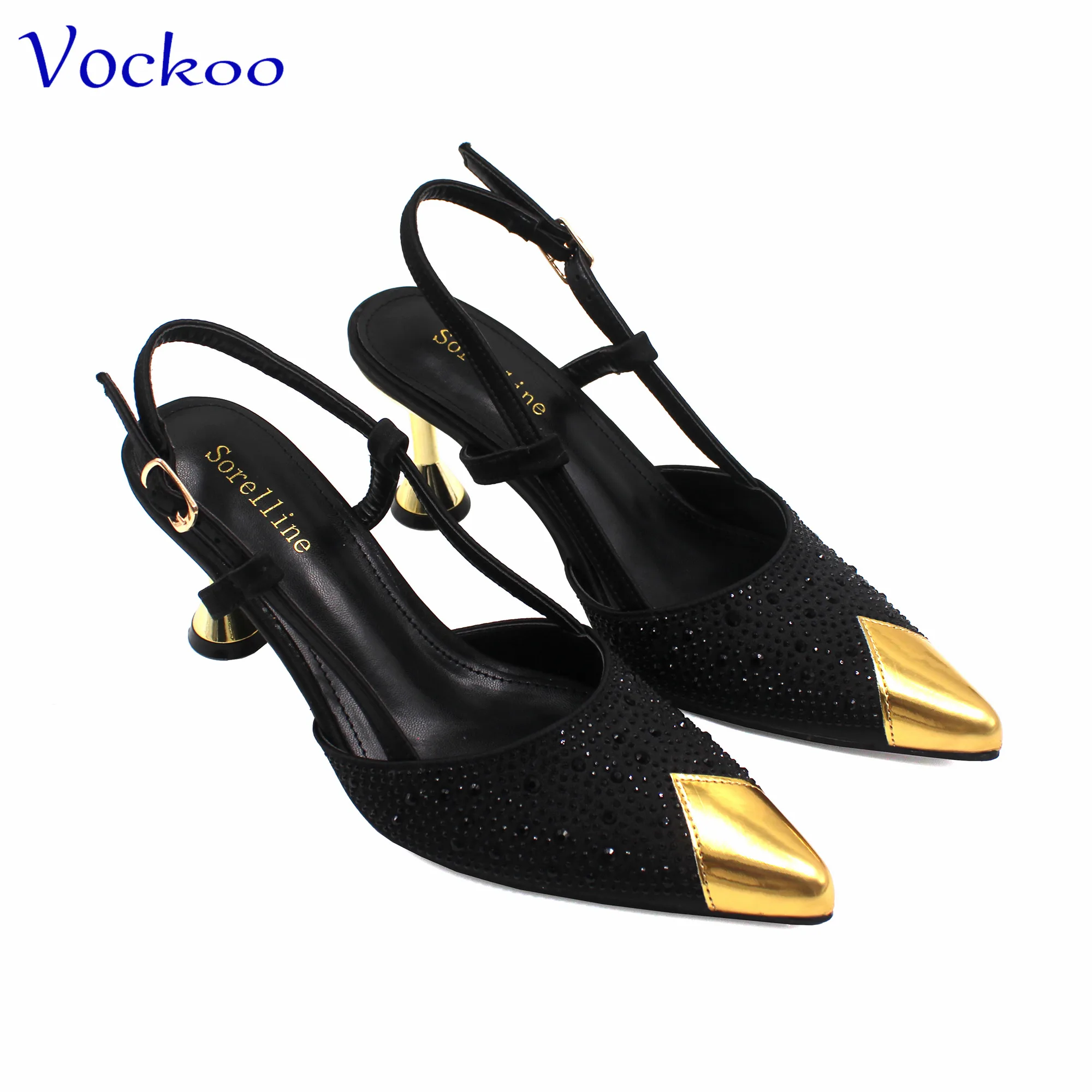 Conjunto de zapatos y bolso de alta calidad para mujer, zapatos sexys de oficina, punta estrecha con cristal, Color negro, para fiesta, 2024