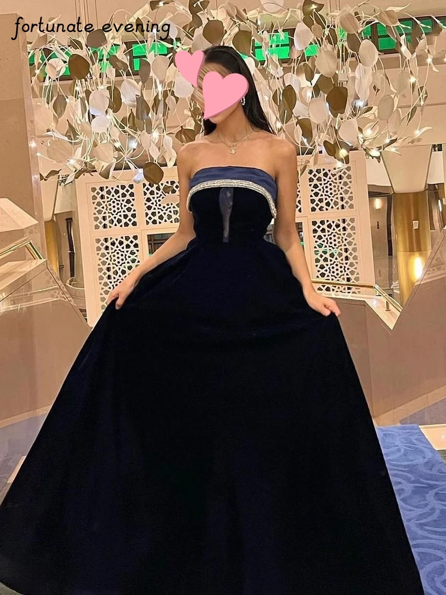 

Fortunate Evening Elegant Vintage Blue Velvet Beaded Sexy Lace A-Line Customized Formal Occasion Prom Dress Evening Party Gowns