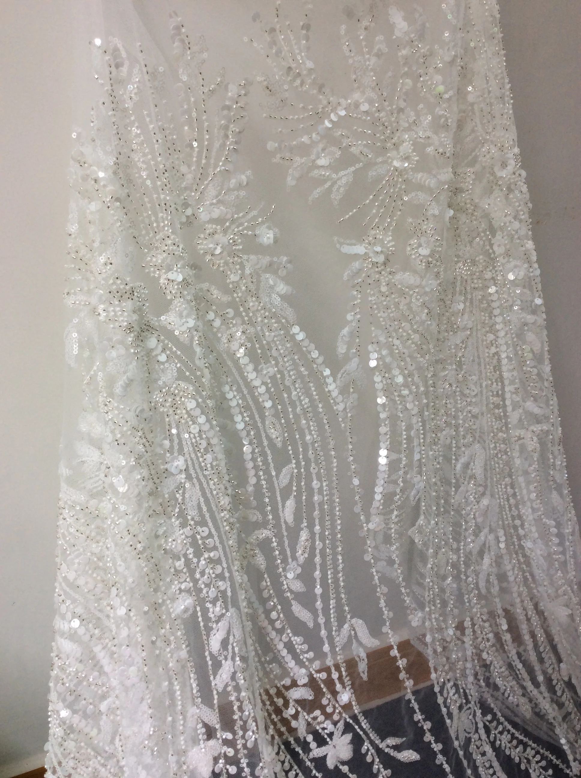 3d Flower Sequins Fabrics White Embroidered Tulle Wedding Fabric High Quality Sell by Yard