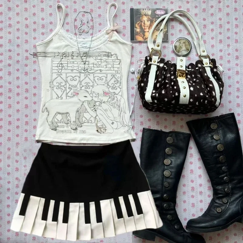 IMU 2000s Aesthetic Elegant Black White Piano Keys Skirts Women Y2k Slim Waist A-line Skirt Female Chic Korea Popular Clothes Mu