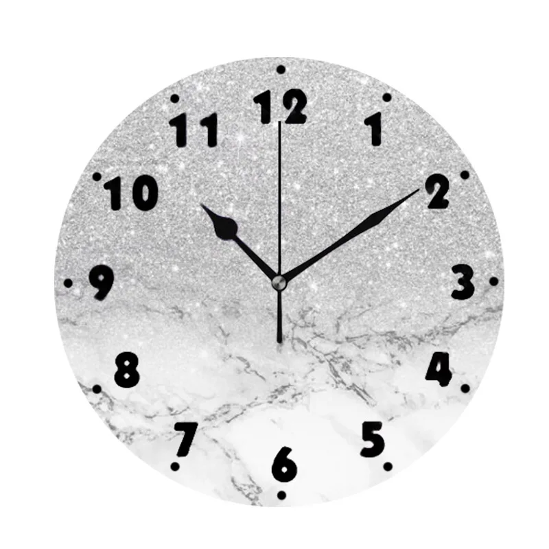 Black White Luxury Ombre Marble Glitter Wall Clock Modern Metallic Sparkles Digital Wall Clocks Decorative for Living Room Decor