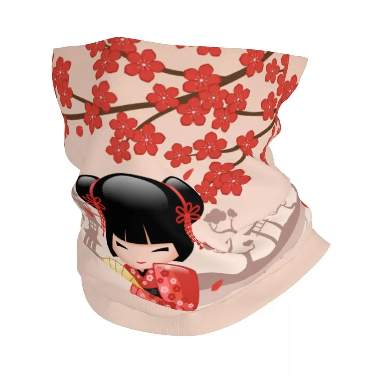 Japanese Sakura Kokeshi Doll Bandana Neck Cover Printed Wrap Scarf Multi-use Headband Cycling for Men Women Adult Winter