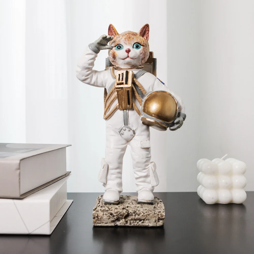 Cat Astronaut Figurine Salute Gesture, Whimsical Space Inspired Art Decorations, Vintage Home Decor Statue, Astronaut Sculptures
