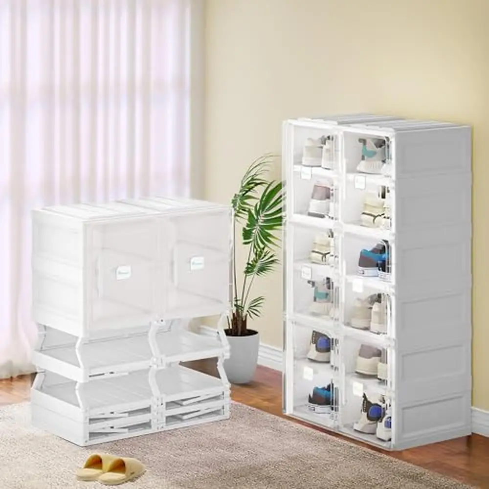 

Foldable Shoe Storage Organizer Stackable Shoe Cabinet with Transparent Doors 12 Grid Shoe Box Hallway Living Room Storage