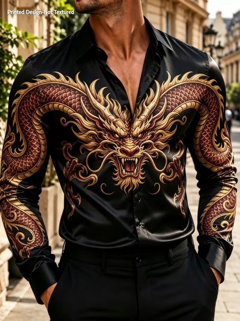 New Gilded Fine Vertical Stripe 3D Printed Long Sleeve Shirt Smooth High Gloss Satin Collar Men's Temperament Top
