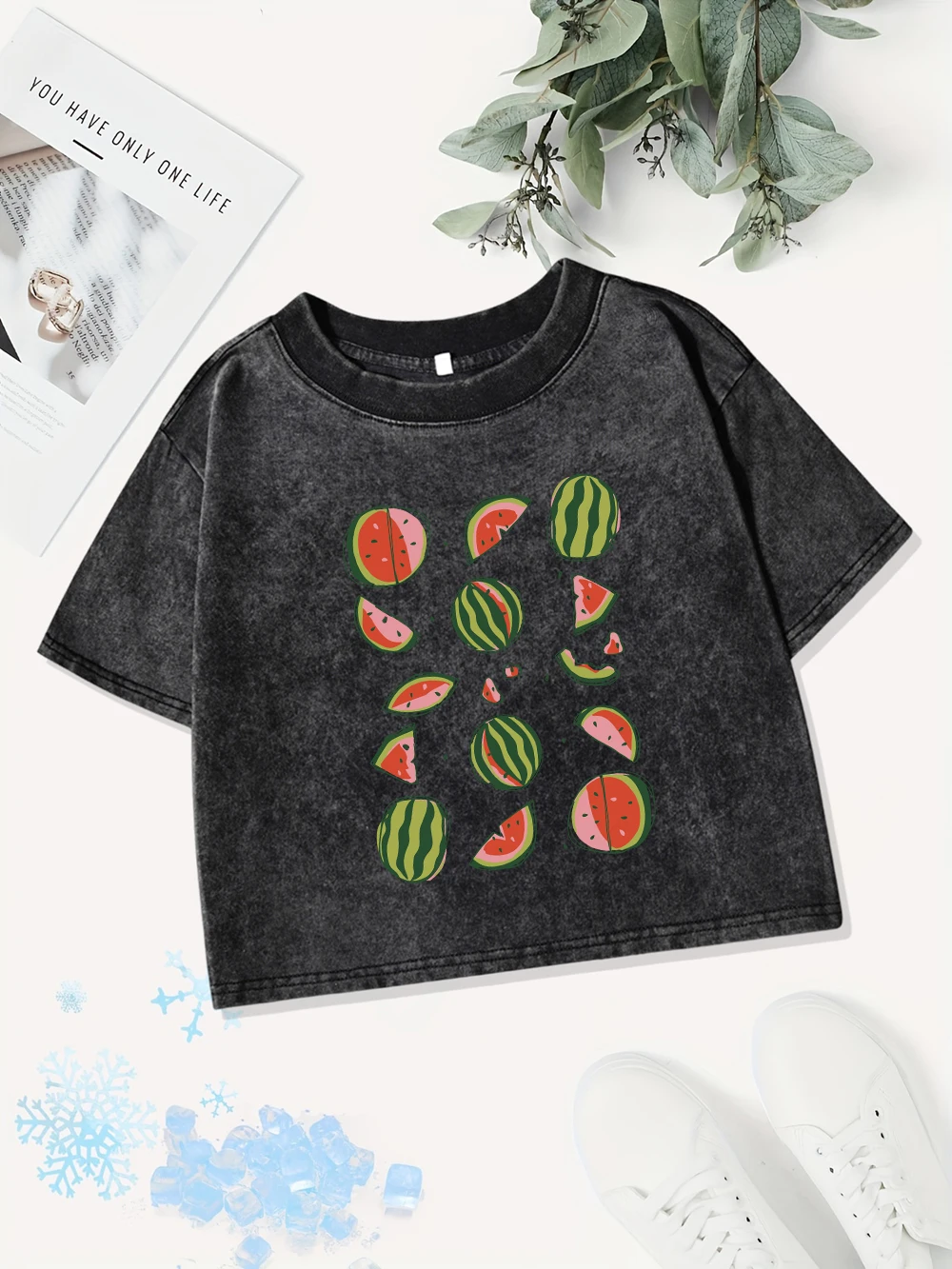 Summer Cotton Crop Tops Womens Delicious Watermelon Cut Open Printing Washed T-Shirts Casual Regular Fit O-Neck Tees Y2K Clothes