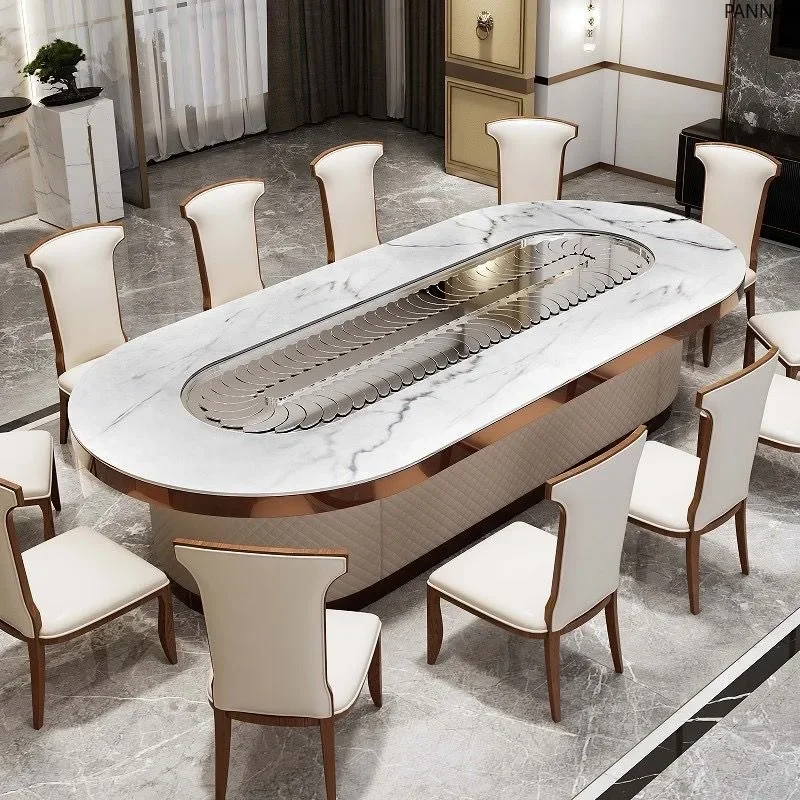 

Oval electric dining table rectangular rotary hotel dining table light luxury rock slab rotating conference table