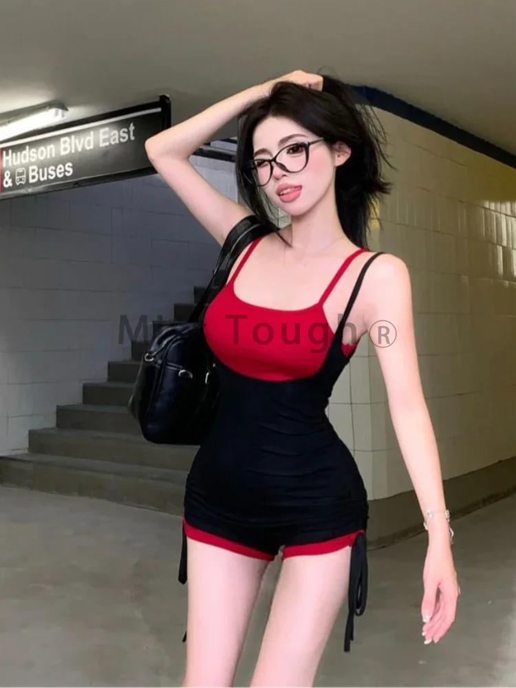 Gothic Sexy Y2k Fake Two Piece Jumpsuit Women Korean Casual High Street Retro Rompers Female Fashion Patchwork Slim Clothing New