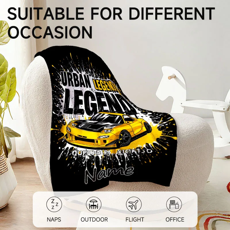1Pc Custom Name Text Urban Legend Car Flannel Blanket Suitable for Sofa Bed Living Room Bedroom Office Study Decor