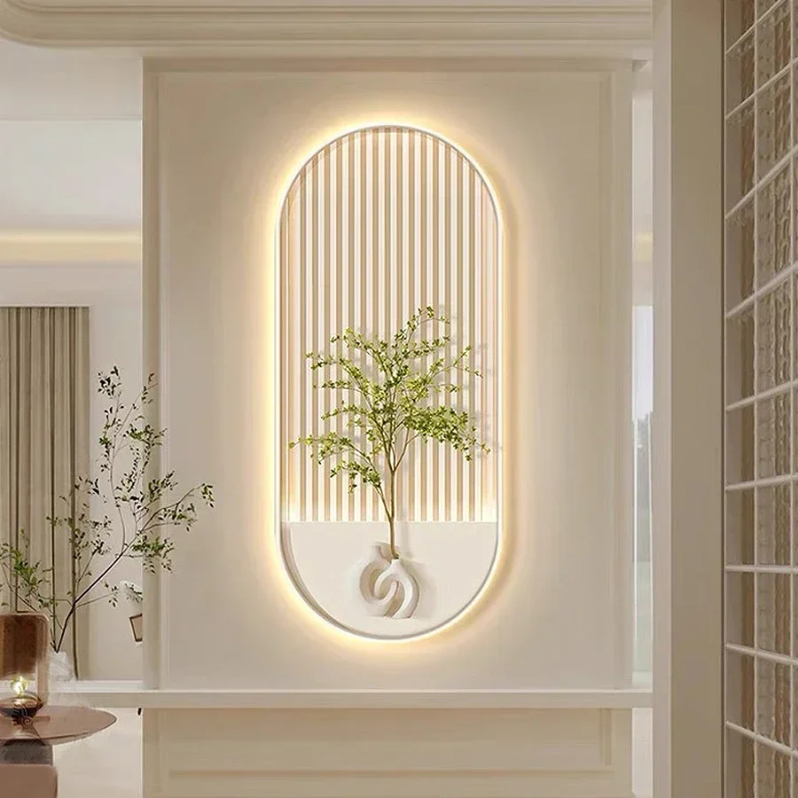 

French cream style entrance decoration paintings, wall lamps, light luxury, high-end sense of green plants, corridors, aisles, l