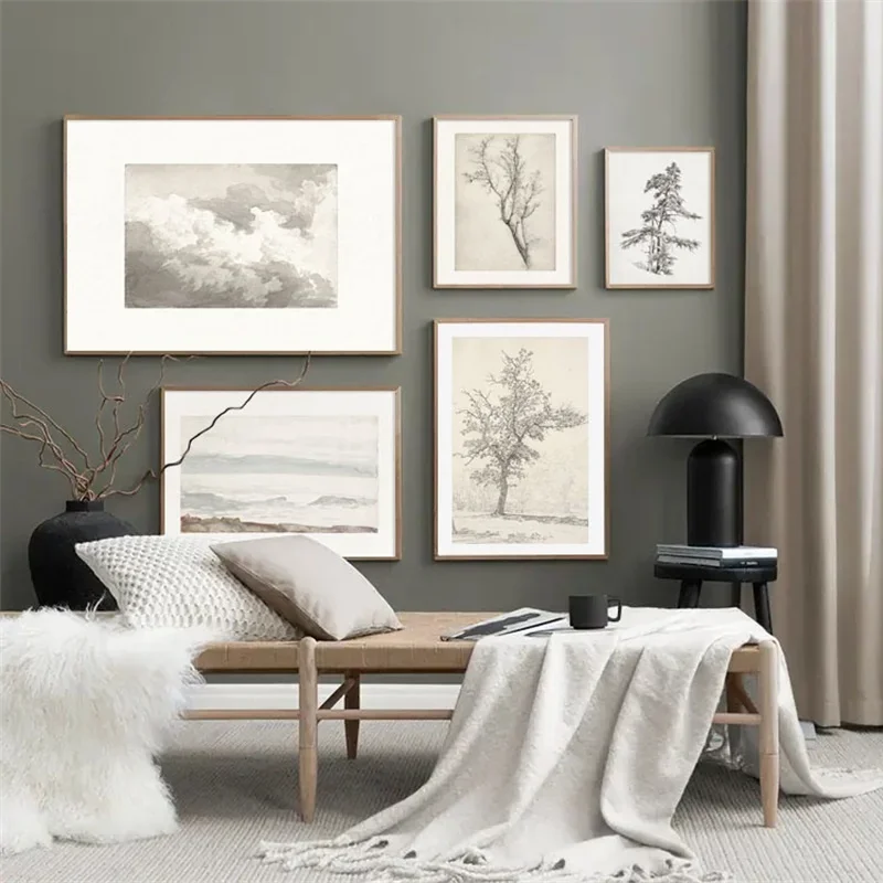 Scandinavian Simple Wall Art Vintage Sketch Tree Mountain Flower HD Painting Posters and Prints Home Bedroom Living Room Decor