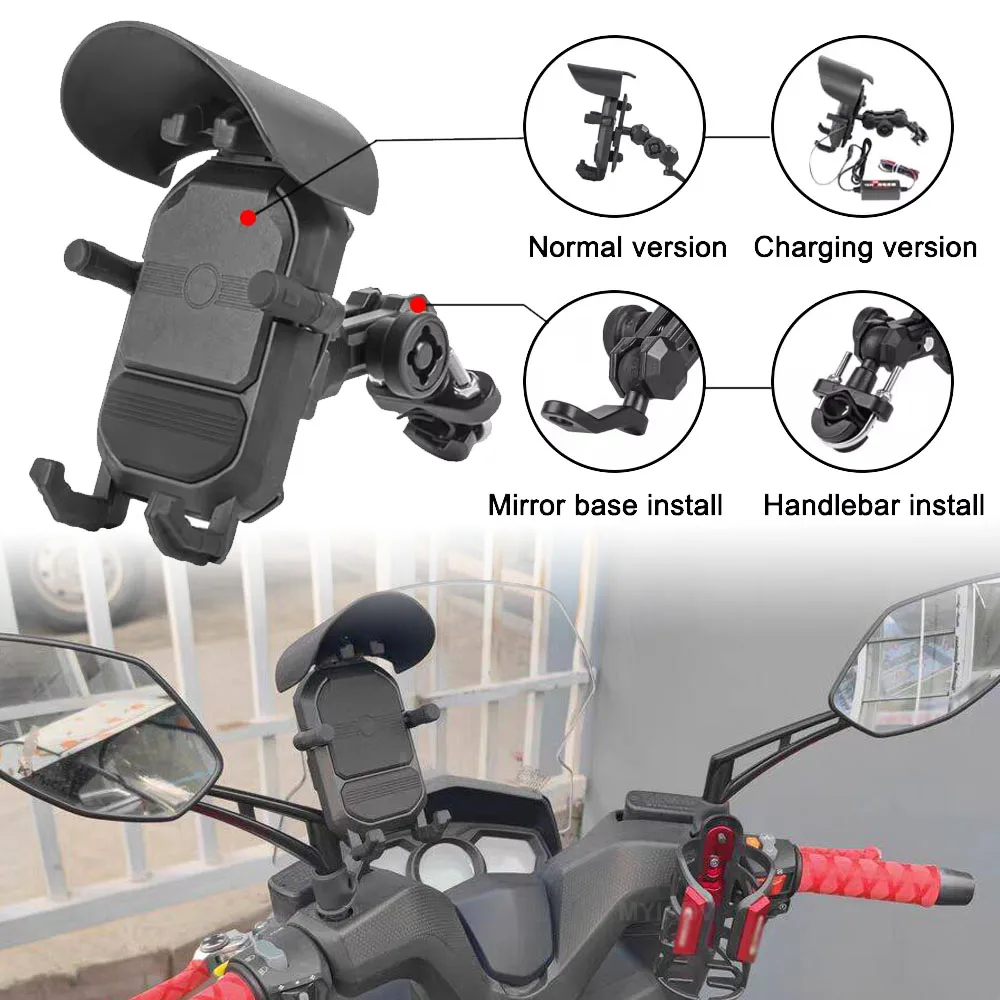 Soporte de teléfono móvil recargable para motocicleta, soporte de montaje con cubierta de sombrero, manillar de 19-33mm, 10-24V