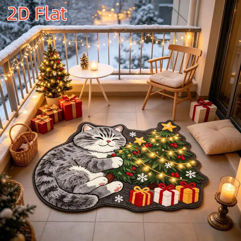 VIKAMA Christmas Cat Rug, Grey Striped Cat Sleeping with Tree Lights Gifts Novelty Mat, Holiday Balcony Floor Carpet