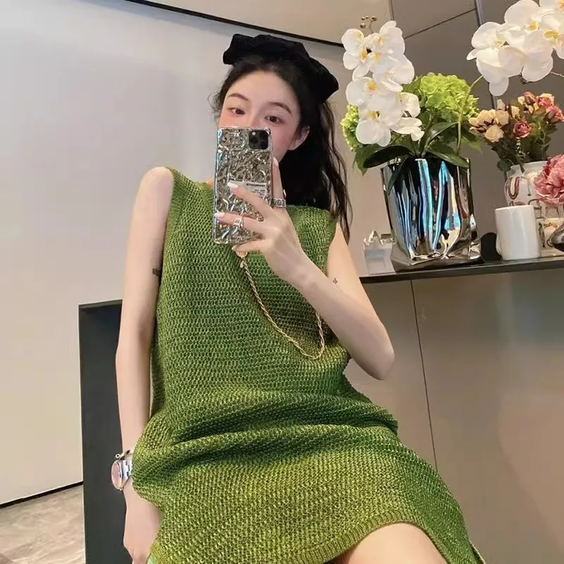 Zielona Sukienka Bez Rękawów Francuska Ekskluzywna Codzienna Sukienka Dzianinowa z Okrągłym Dekoltem Damska Letnia Sukienka Plażowa Krótkie Sukienki Plażowe