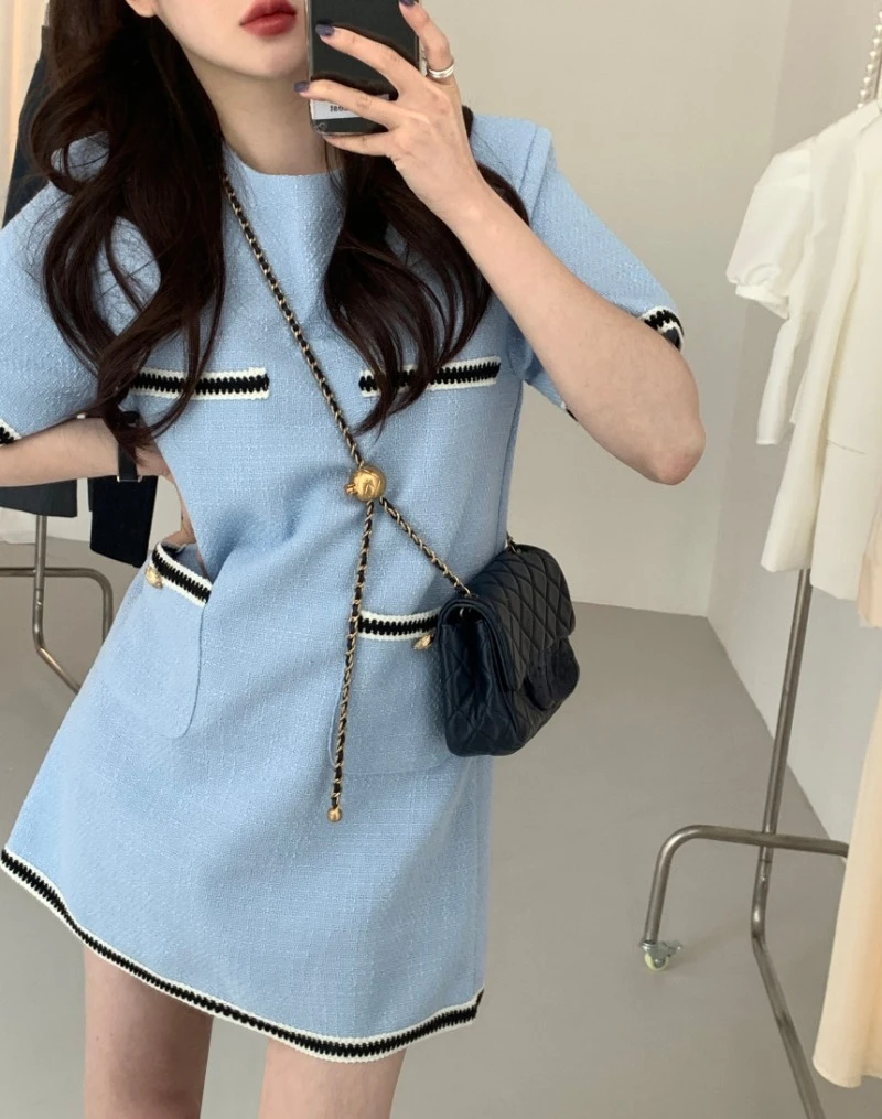 Short Sleeve Vestidos De Verano Mujer 2024 Loose Contrast Vintage Round Neck Tweed Dress Mini Thick Retro Chic Dresses