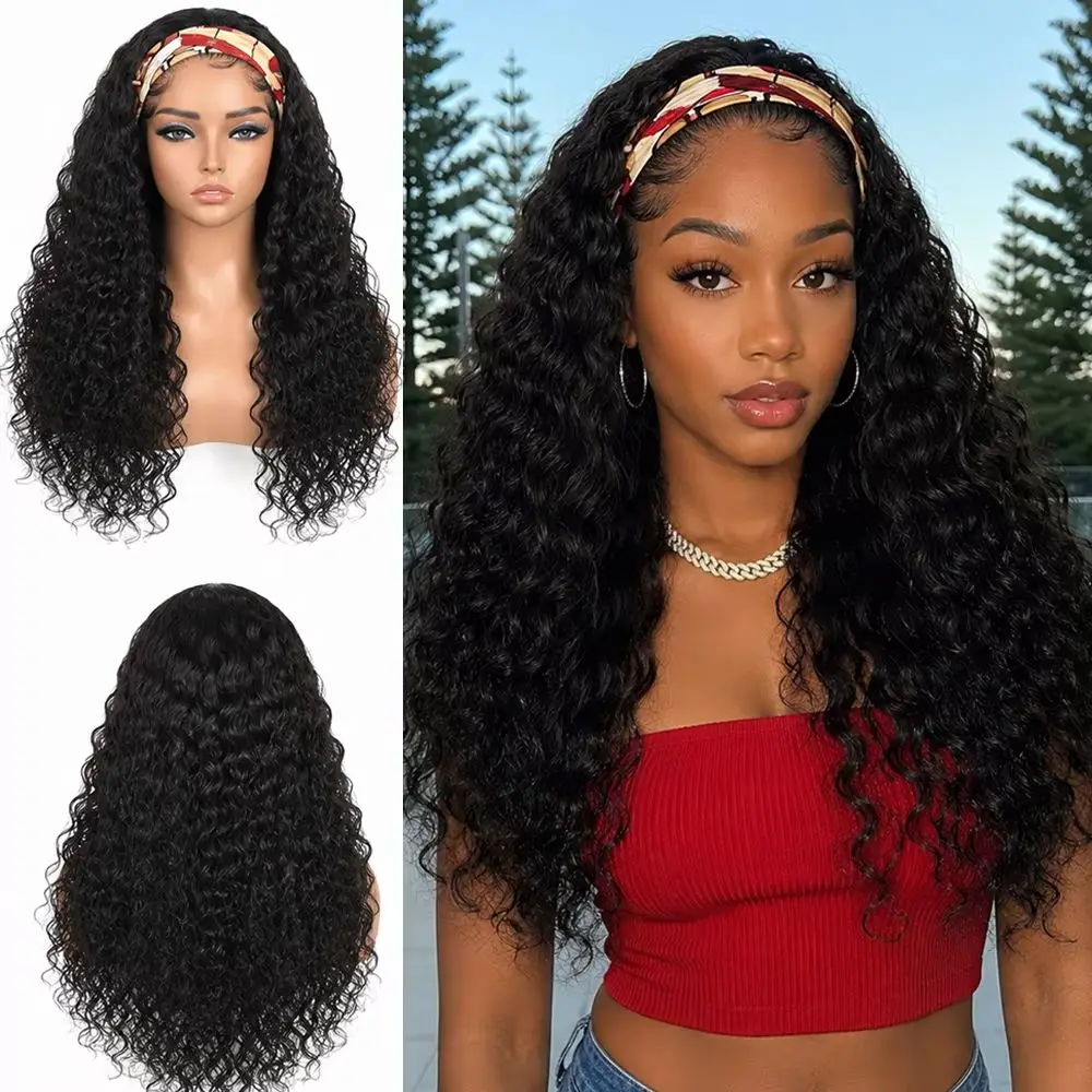 100% Human Hair Headband Wig Human Hair Water Wave Wig Beginner Friendly No Lace No Glue Wigs For Women Brazilian Hair 180%