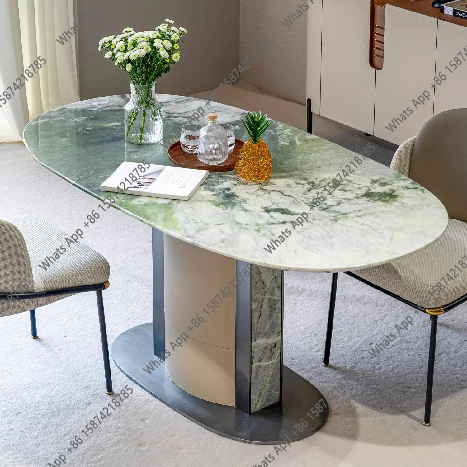 

Luxury stone light boat glacier green natural marble emerald green dining table high-end atmospheric villa large flat floor