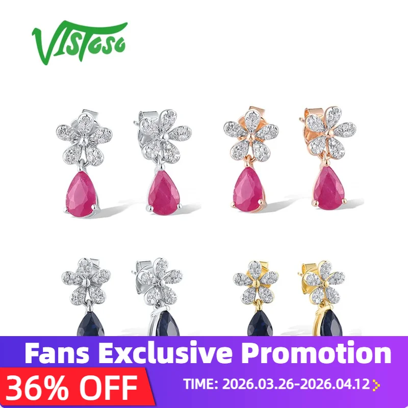 

VISTOSO 14K 585, розовые/белые/желтые серьги-гвоздики для женщин, сверкающие бриллианты, нежный рубин/синий сапфир, цветок, ювелирные украшения