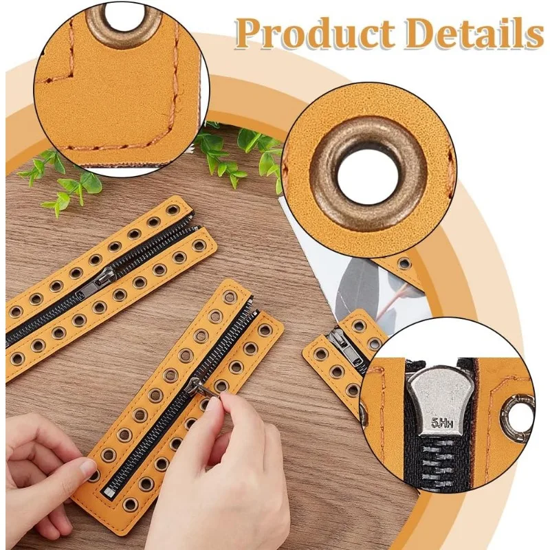 2 Pairs Leather Lace-in Boot Zipper Inserts 6.9 x 2 Inch Eyelets Zipper Boot Laces 10 Holes No Tie Shoe Laces for Adults Men