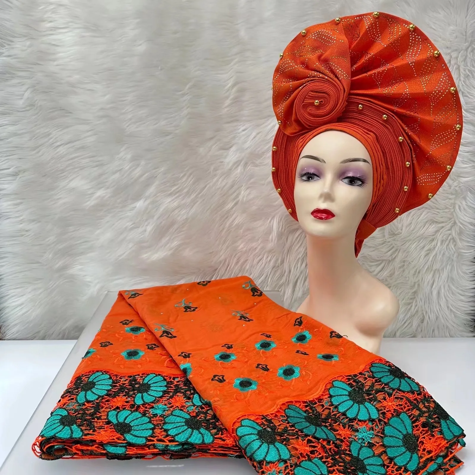 Nigerian Auto Gele Aso Oke Turban Hat Match 100% Cotton Jacquard Swiss Voile Lace Fabric 5Yards Embroidery Sewing For Lady Dress