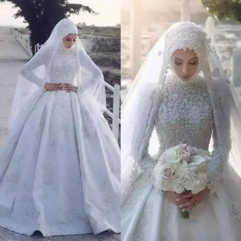 Maßgeschneiderte Spitze Ballkleid Muslim Brautkleider Stehkragen Langarm Brautkleider Sweep Zug Plus Size Saudi Arabisch