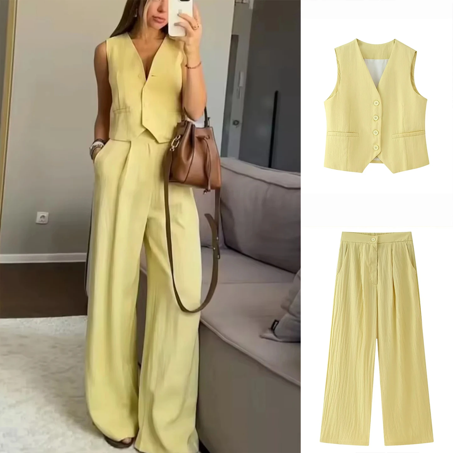 

New Summer Women's American Commuter Sle V-ne Svel Single-button Vest Top plus Casual Pants Set Faionable Two-pie...