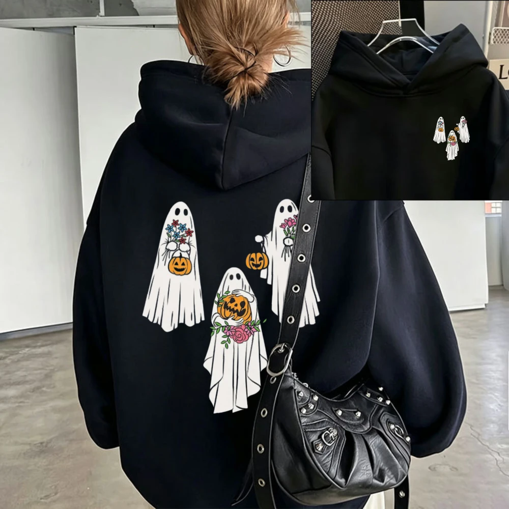 Cute Floral Ghost Halloween Hoodie Four Friendly Ghosts Holding Pumpkin‑Bucket Fresh Flower Retro Cartoon Pullover Casual Hooded
