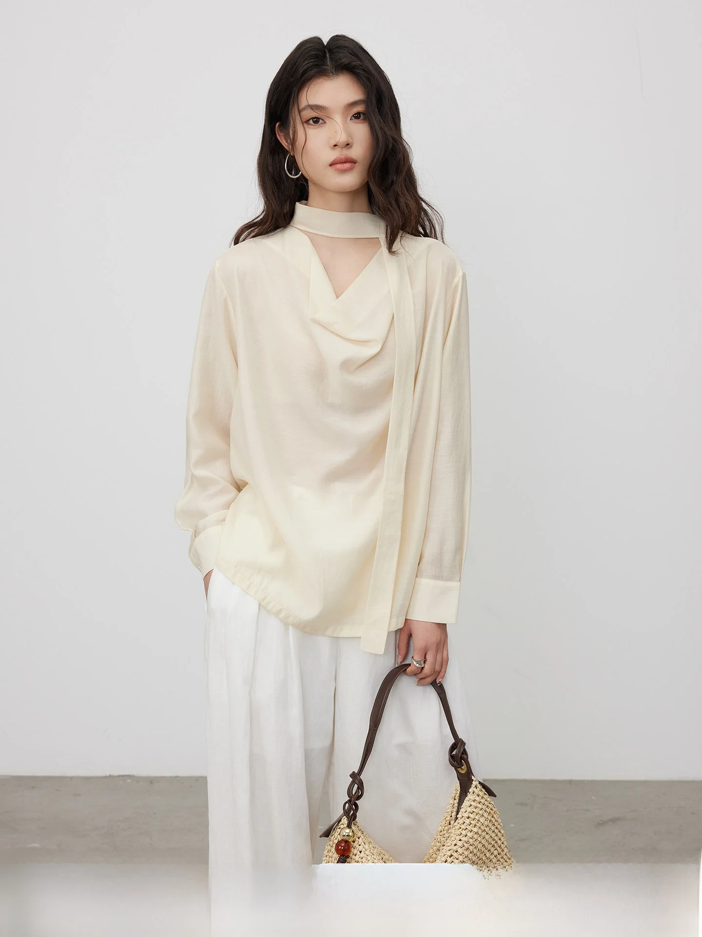 

KEARA Elegant Long Sleeve Shirt Women's Spring Summer Design Sense Artificial Acetate Shirt Drifting Collar Feminine Top