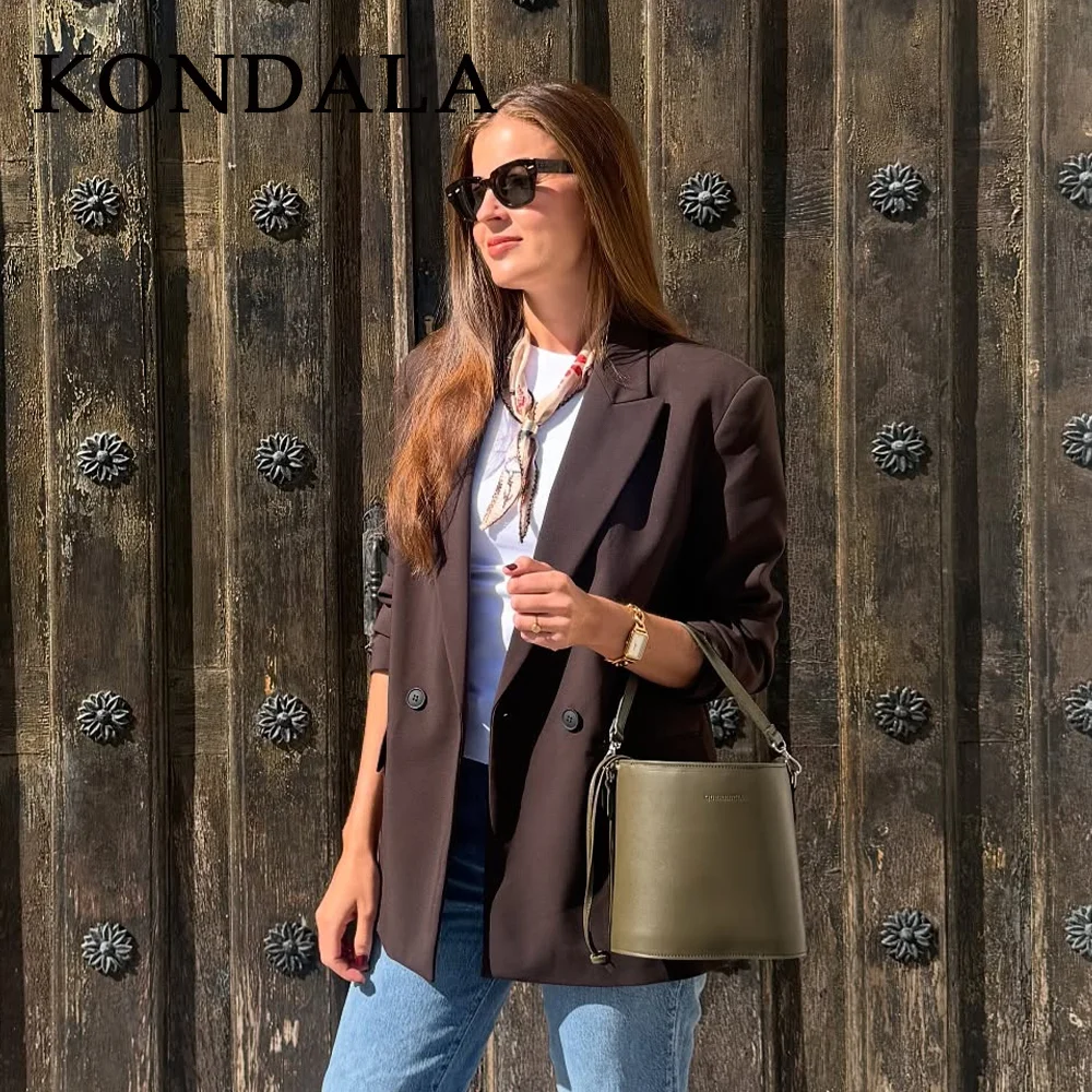 KONDALA 2026 Spring Summer Brown Office Lady Blazers Fashion Formal Elegant Turndown Collar Women Chic Solid Blazers