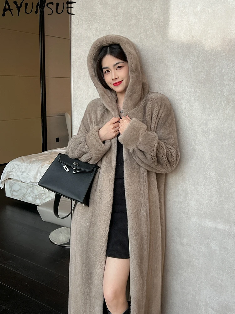 

AYUNSUE 2025 Winter Velvet Mink Fur Coat for Woman Hooded Whole Mink Winter Clothes for Woman Clothes Extra Long Кофта С Мехом