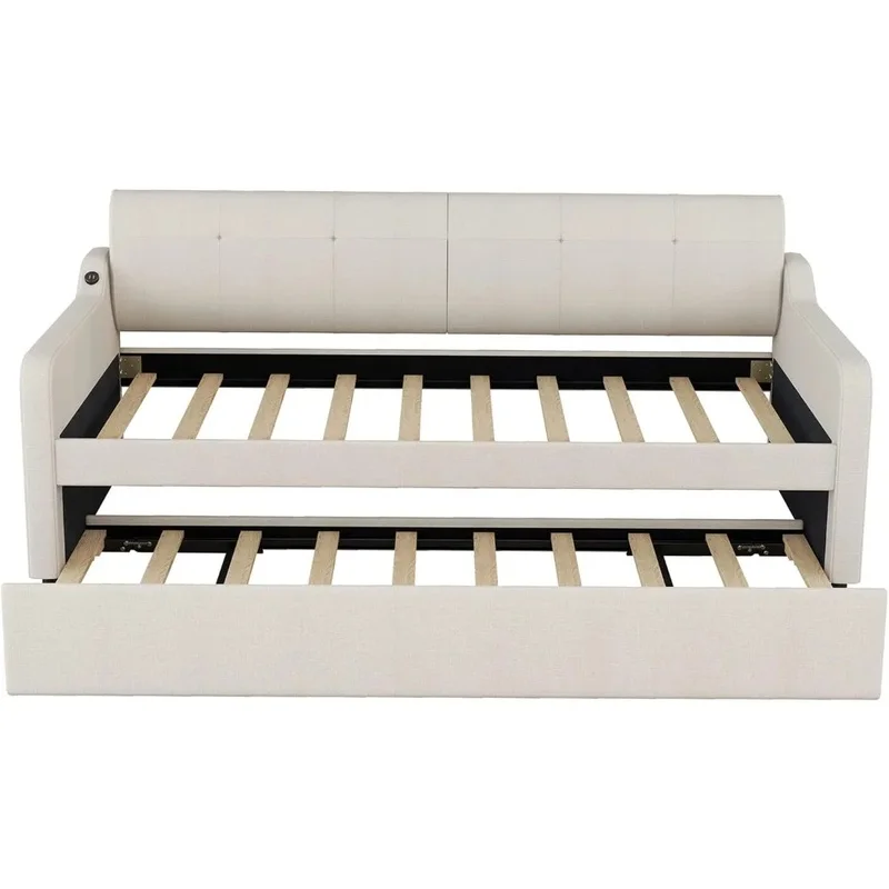 سرير نهاري مزدوج الحجم مع دولاب منبثق، وإطار سرير خشبي منجد مع شحن USB للأطفال