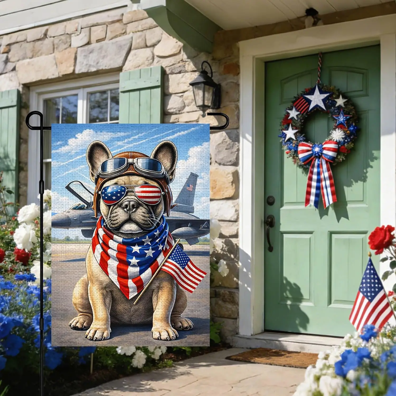Patriotic French Bulldog Garden Flag 12x18 Inch Double Sided Yard Decor | Burlap Veterans Day garden flags for outside with  uui
