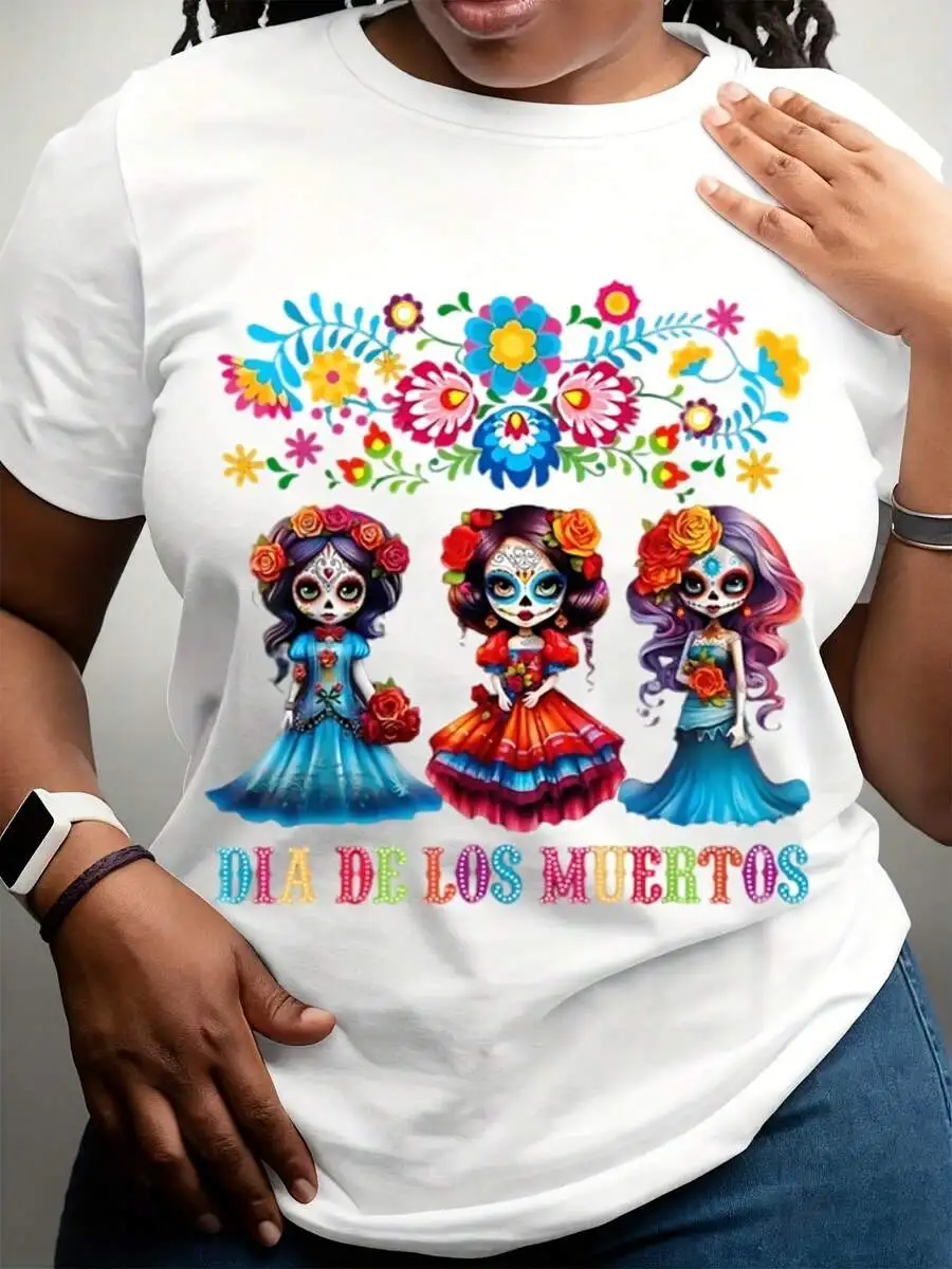 

Женская футболка с графическим принтом в стиле Дня мертвых и цветочным дизайном в виде сахарного черепа