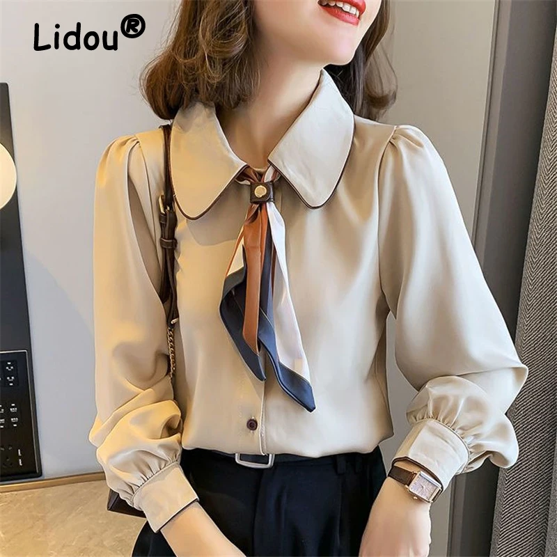 High Quality Satin Women Elegant Chic Bow Peter Pan Collar Shirts Korean Solid Long Sleeve Blouse Top Blusas Mujer De Moda 2023