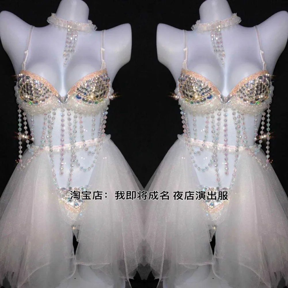 Customized Singer Concert Bar Gogo Performance Dress White Embroidered Sexy Perspective One piece Feather Skirt DS Collar Dance